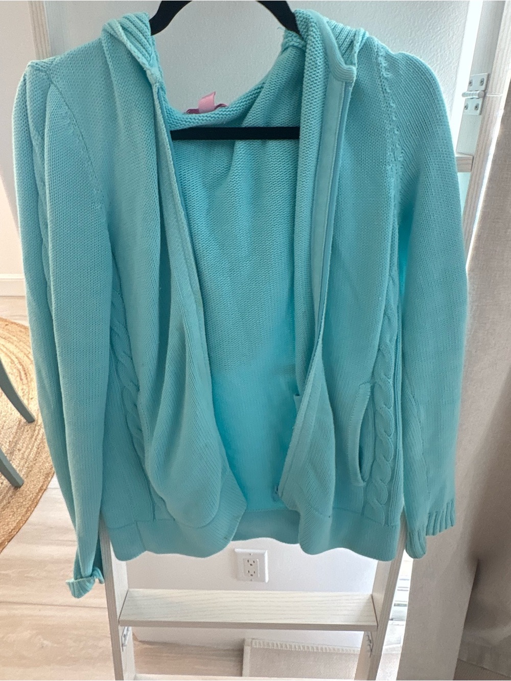 Lilly Pulitzer Light Aqua Hooded Cable-Knit Cardigan